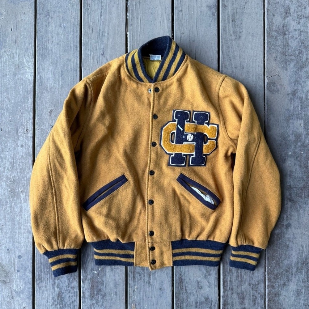 Kaye Bros. Chicago Vintage 70s Wool Varsity Letterman Jacket Yellow Navy Blue